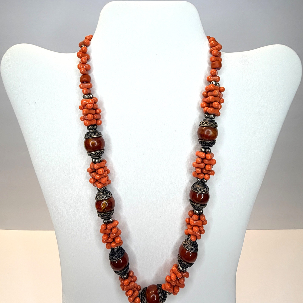Vintage Tribal Faux Coral & Carnelian Statement Necklace | Boho Ethnic Beaded - Picture 10 of 14